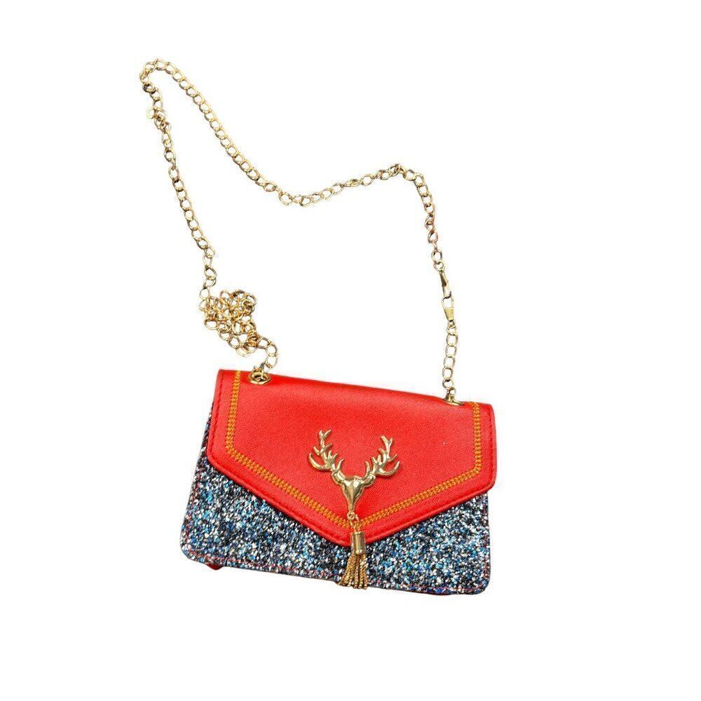 Red & Black Glitter Reindeer Crossbody Purse With Gold Chain Strap 7"x5"